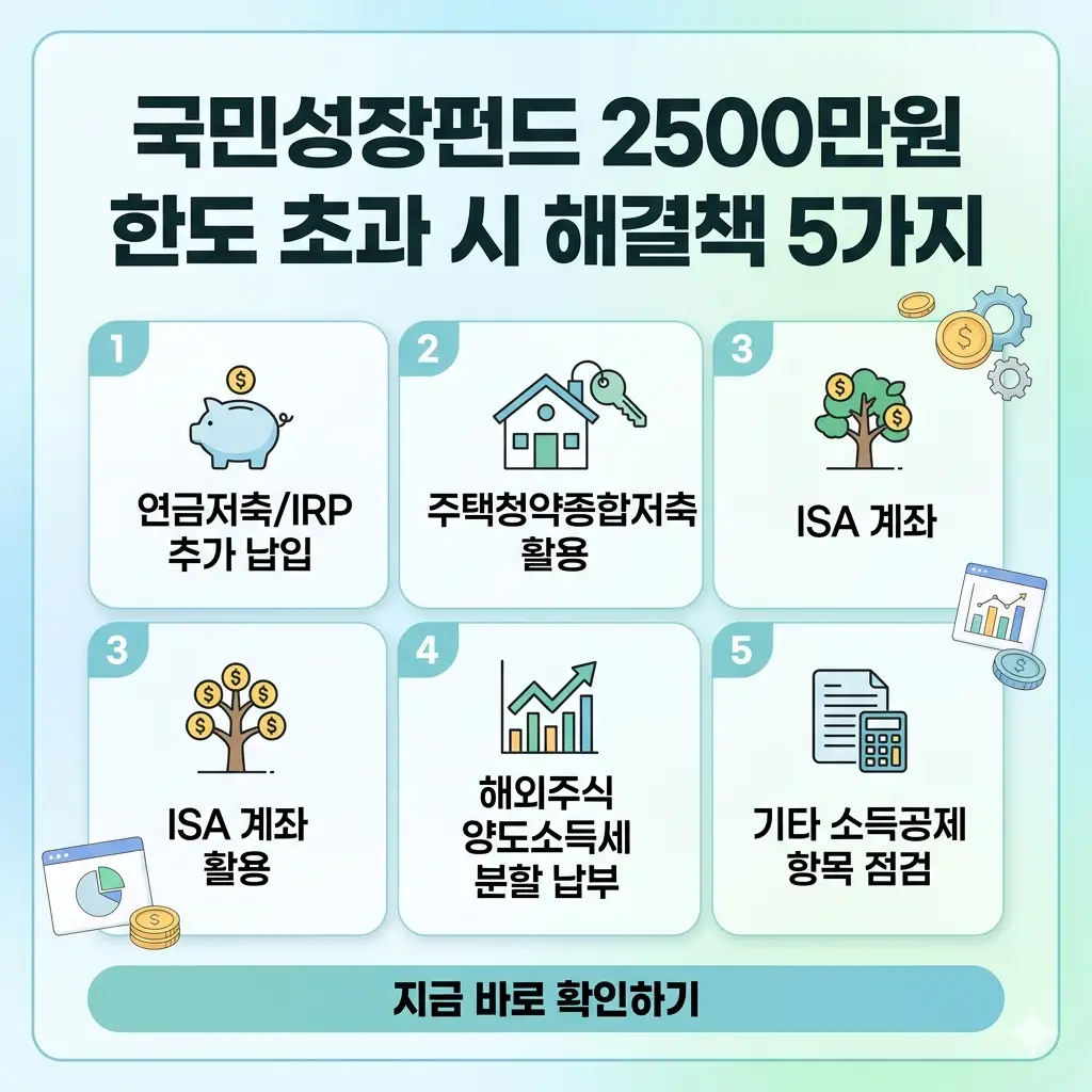 국민성장펀드 소득공제 한도 초과 시 5가지 해결책을 제시하는 1:1 비율의 포스터 이미지.