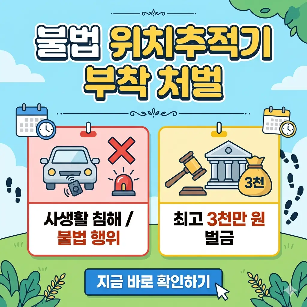 자동차에 몰래 위치추적기를 부착하는 행위의 불법성과 무거운 처벌 수위를 경고하는 법률 정보 썸네일입니다.