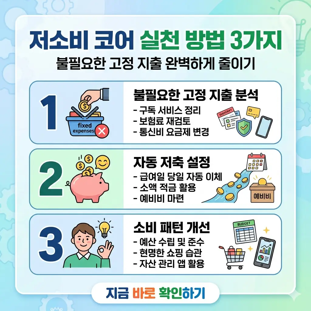저소비 코어를 실천하여 불필요한 고정 지출을 줄이는 3가지 구체적인 방법을 명확하게 정리한 인포그래픽 썸네일입니다.