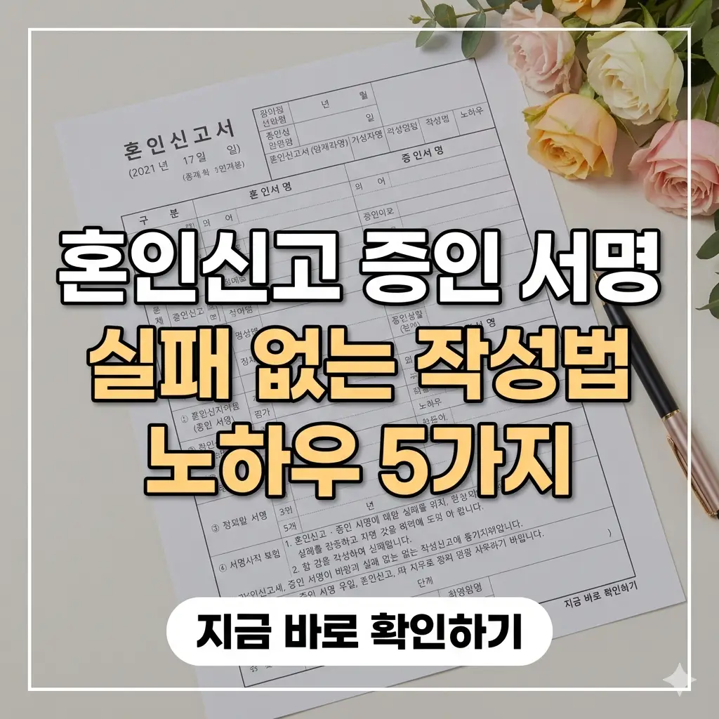 밝은 조명 아래 혼인신고 서류 위로 두 사람이 서명을 준비하는 모습과 축하 꽃다발이 어우러진 썸네일 이미지.