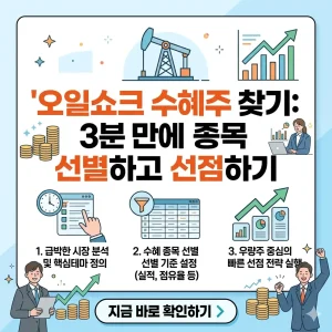오일쇼크 수혜주를 3분 만에 선별하고 선점하는 방법을 다룬 1:1 정사각형 정보성 포스터.