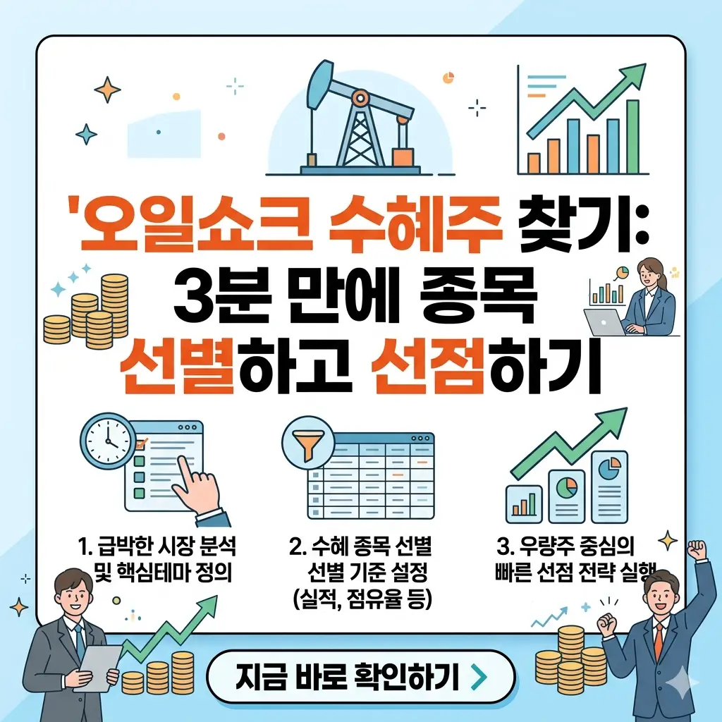 오일쇼크 수혜주를 3분 만에 선별하고 선점하는 방법을 다룬 1:1 정사각형 정보성 포스터.