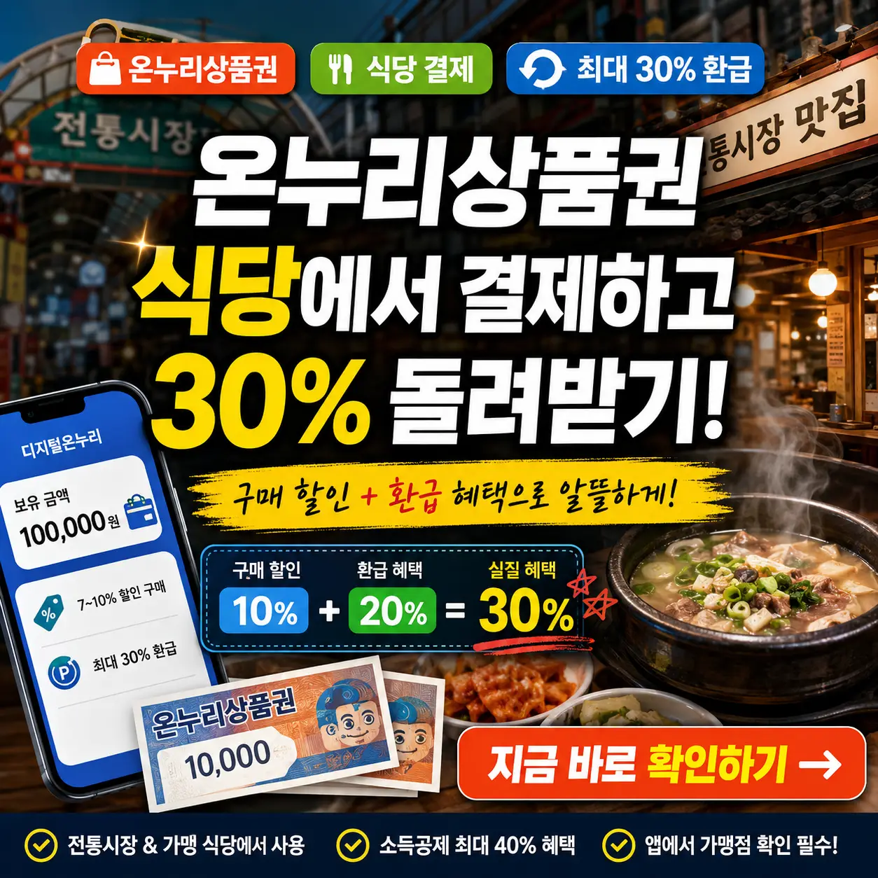 온누리상품권으로 식당 결제 후 최대 30% 환급 혜택을 강조한 썸네일 이미지.
