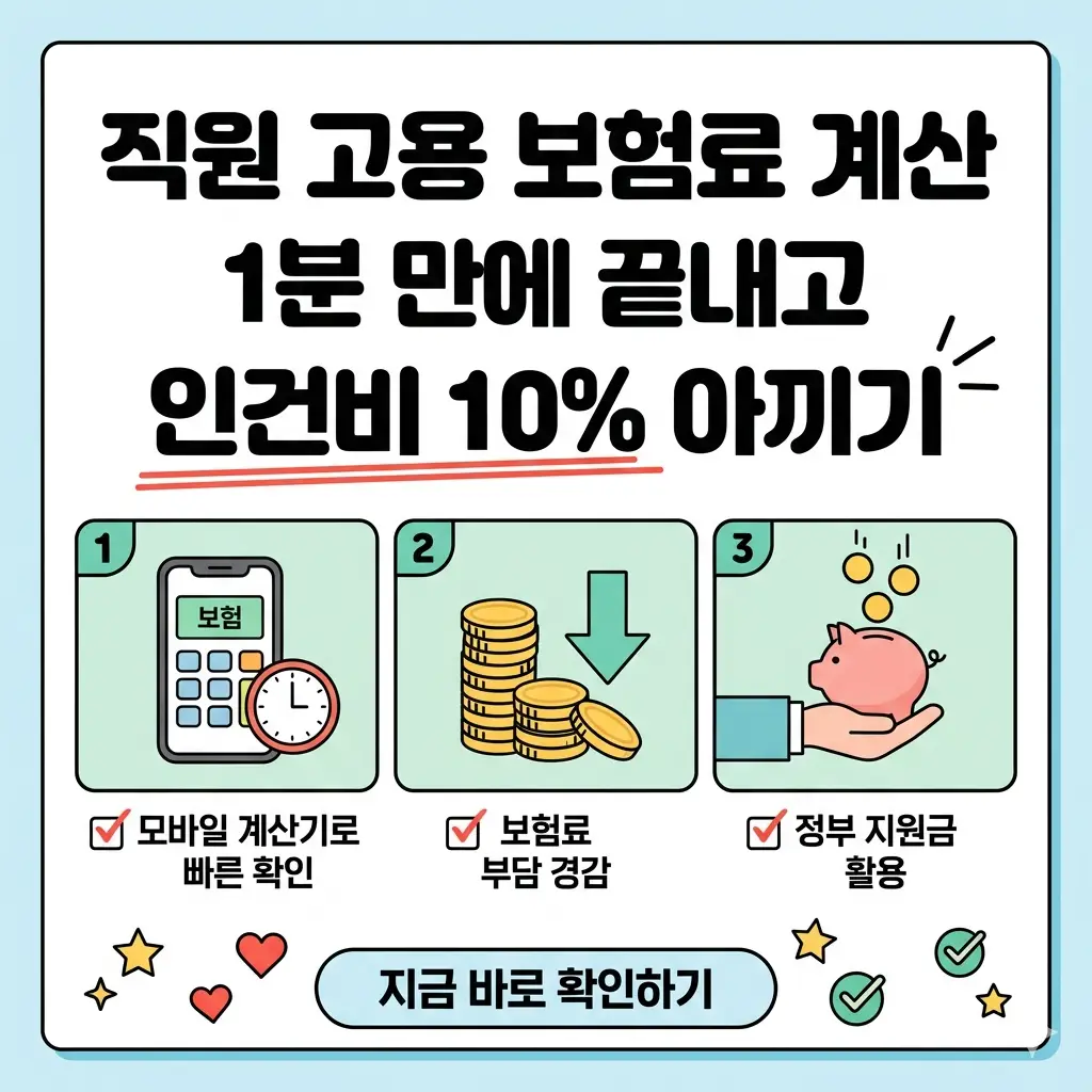 스마트폰과 계산기로 직원 고용 보험료를 쉽고 빠르게 계산하고 인건비를 절감하는 꿀팁을 정리한 인포그래픽 썸네일 이미지.