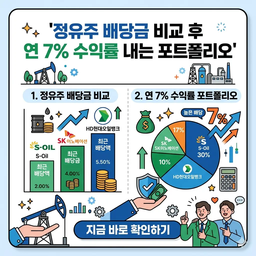 주요 정유주들의 배당금을 비교 분석하고, 연 7%의 높은 배당 수익률을 달성하기 위한 구체적인 포트폴리오 구성안을 보여주는 인포그래픽 썸네일입니다.