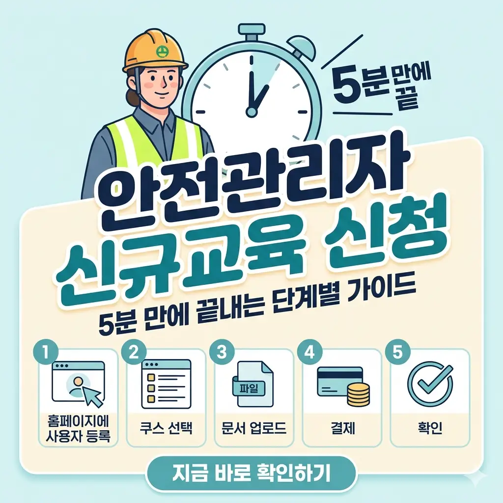 안전관리자 신규교육 신청 과정을 5분 만에 끝낼 수 있도록 핵심 단계별로 정리한 1:1 비율의 정보성 썸네일 이미지입니다.