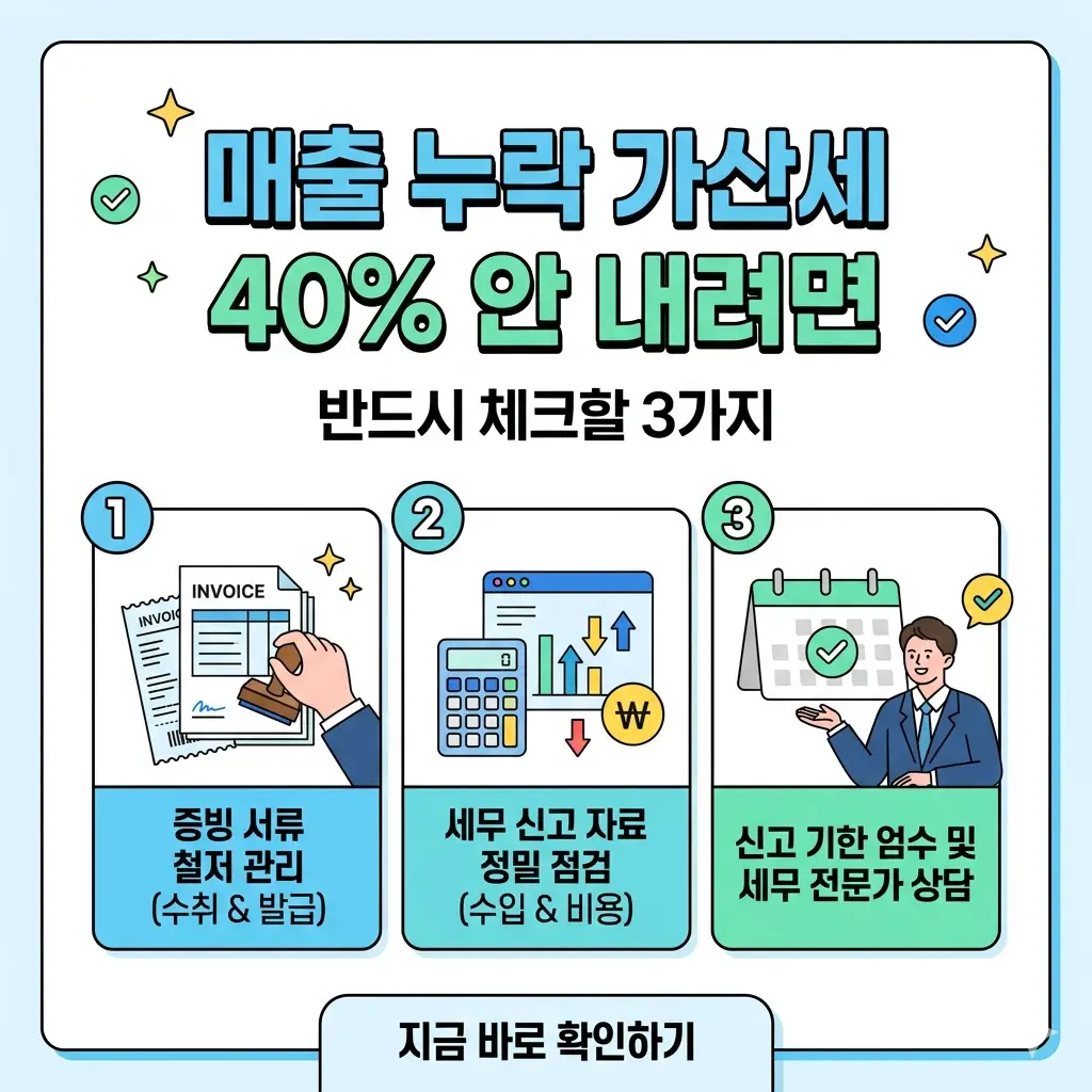 매출 누락 가산세 40% 폭탄을 피하기 위해 반드시 체크해야 할 3가지 핵심 포인트를 설명하는 인포그래픽 썸네일 이미지.