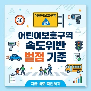 어린이보호구역 내 속도위반의 위험성과 벌점 기준을 경고하는 교통안전 포스터 스타일의 썸네일 이미지입니다.