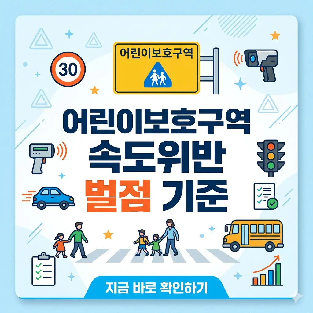 어린이보호구역 내 속도위반의 위험성과 벌점 기준을 경고하는 교통안전 포스터 스타일의 썸네일 이미지입니다.