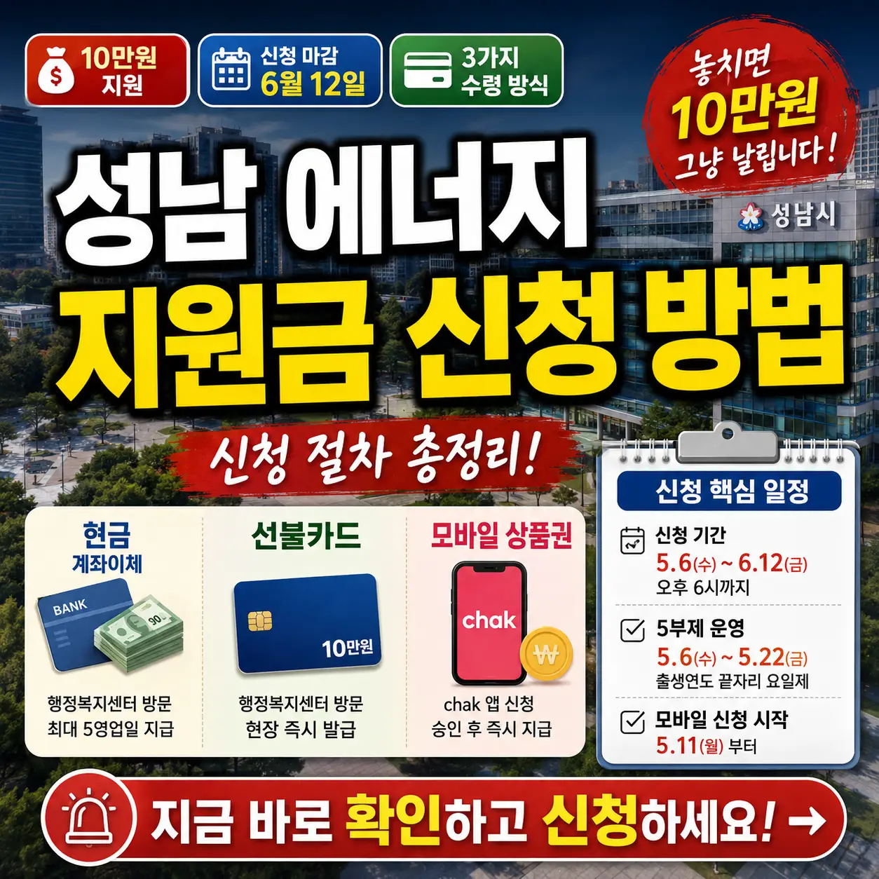 성남 에너지 지원금 10만원 신청 마감과 절차를 강조한 안내형 썸네일.