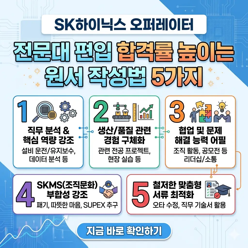 SK하이닉스 오퍼레이터 전문대 편입 합격률을 높이기 위한 원서 작성법 5가지를 설명하는 인포그래픽 썸네일.