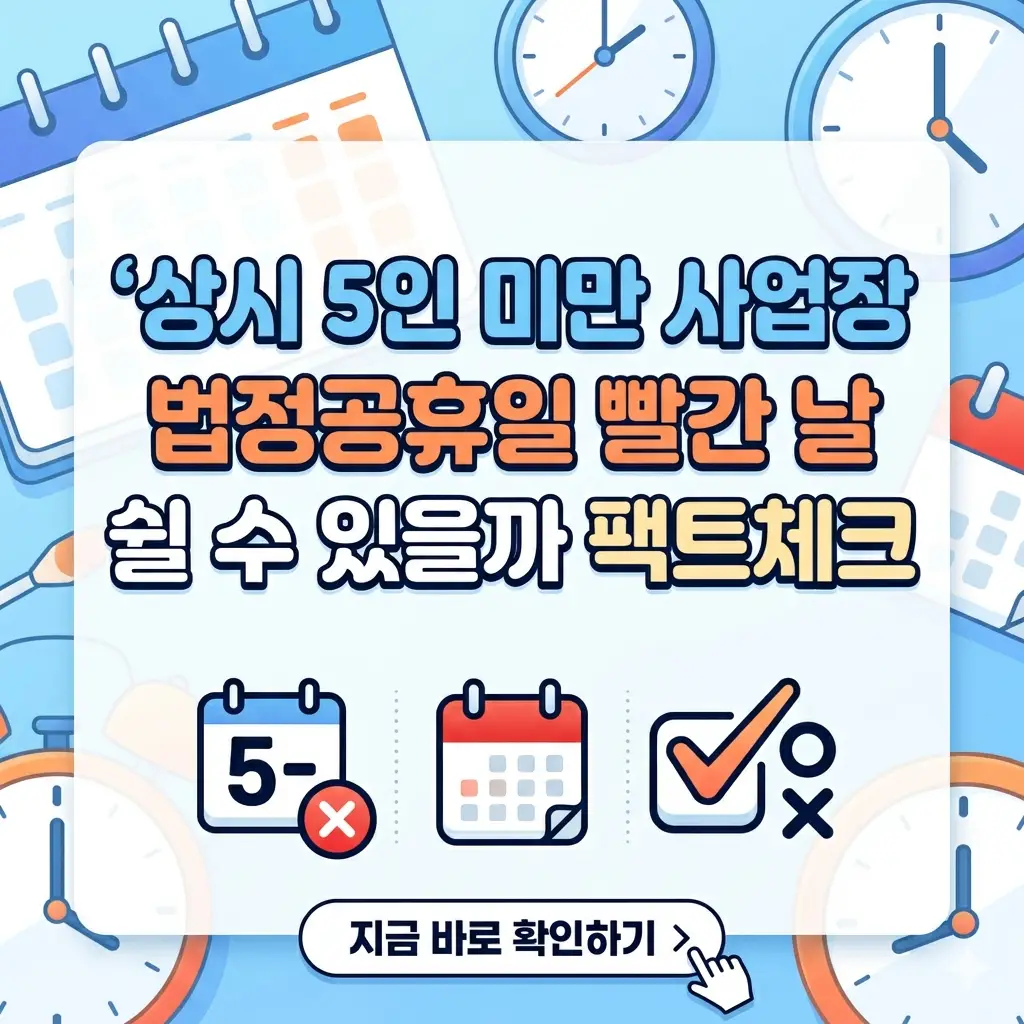 달력의 빨간 날을 배경으로 '상시 5인 미만 사업장 법정공휴일' 적용 여부를 묻는 스마트폰 화면이 중앙에 위치한 이미지입니다.