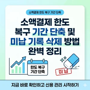 소액결제 한도 복구 기간 단축과 미납 기록 삭제 방법을 안내하는 1:1 비율의 포스터 이미지.