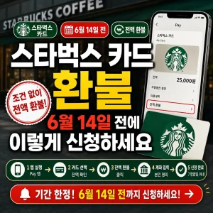 스타벅스 카드 환불을 6월 14일 전 앱에서 신청하라고 알리는 안내 썸네일.