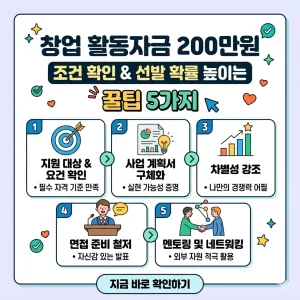창업 활동자금 200만 원 지원 조건과 선발 확률을 높이는 5가지 핵심 꿀팁을 정리한 인포그래픽 썸네일 이미지.