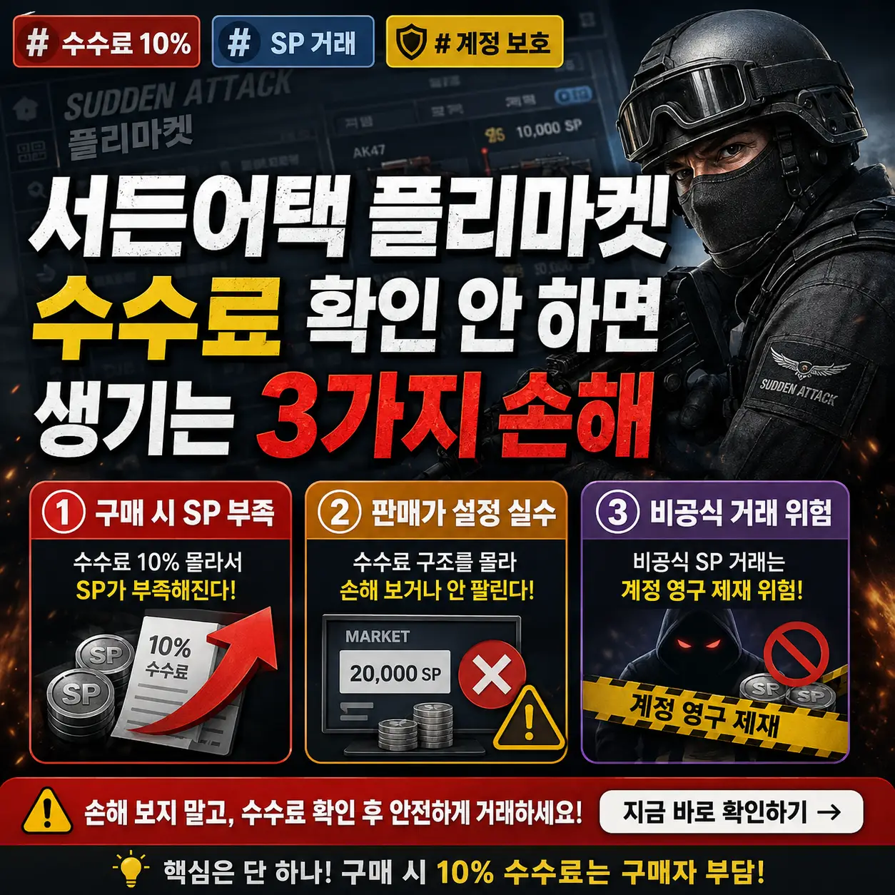 서든어택 플리마켓 수수료를 확인하지 않아 SP 손해가 생기는 상황을 강조한 썸네일.