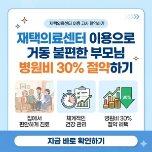 거동이 불편한 부모님을 위해 재택의료센터를 이용하여 병원비를 30% 절약하는 방법을 설명하는 정보성 카드뉴스 이미지.