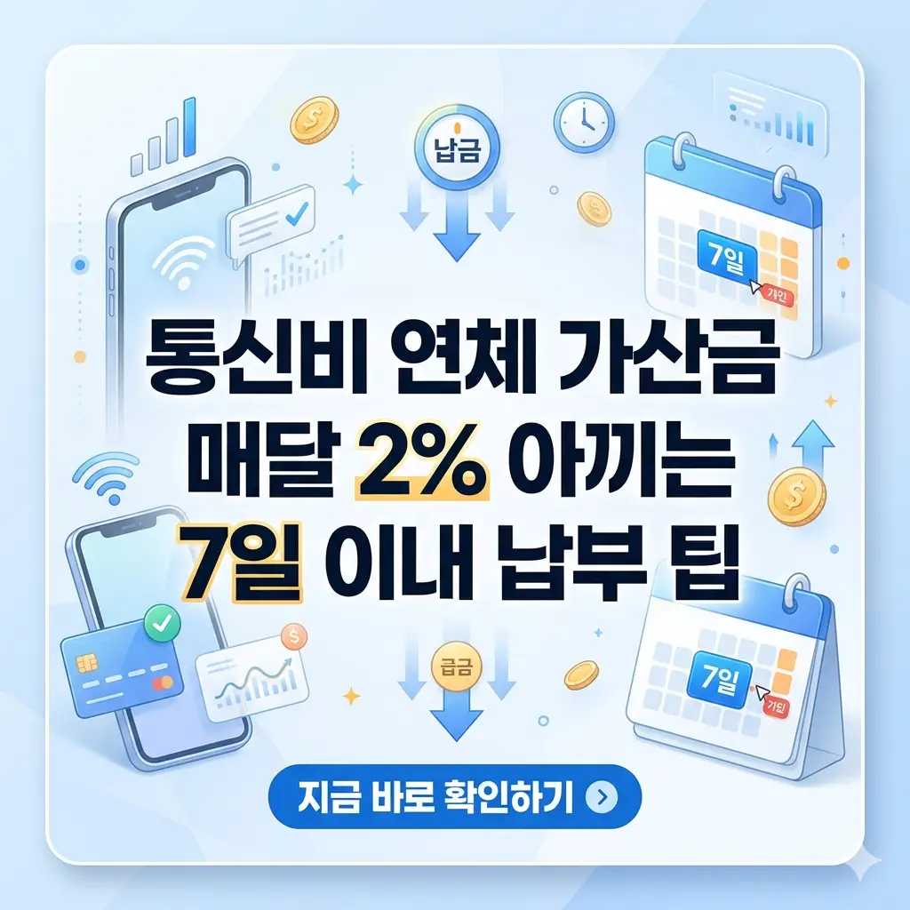 스마트폰과 달력을 배경으로 통신비 연체 가산금을 줄이는 일주일 내 납부 팁을 강조한 밝은 톤의 썸네일 이미지.