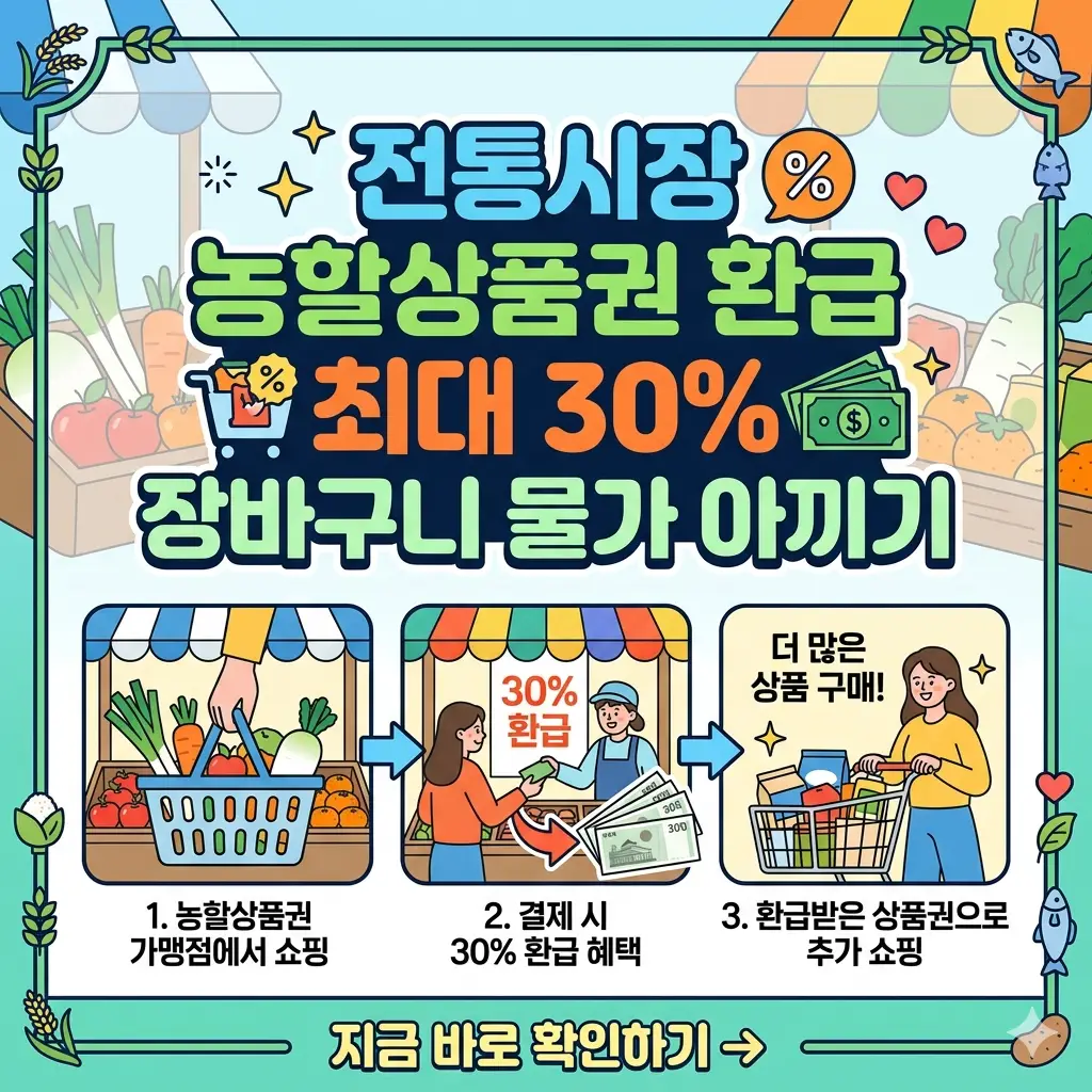 전통시장 농할상품권으로 최대 30% 환급받아 장바구니 물가를 아끼는 방법을 설명하는 밝은 톤의 1:1 포스터 이미지.