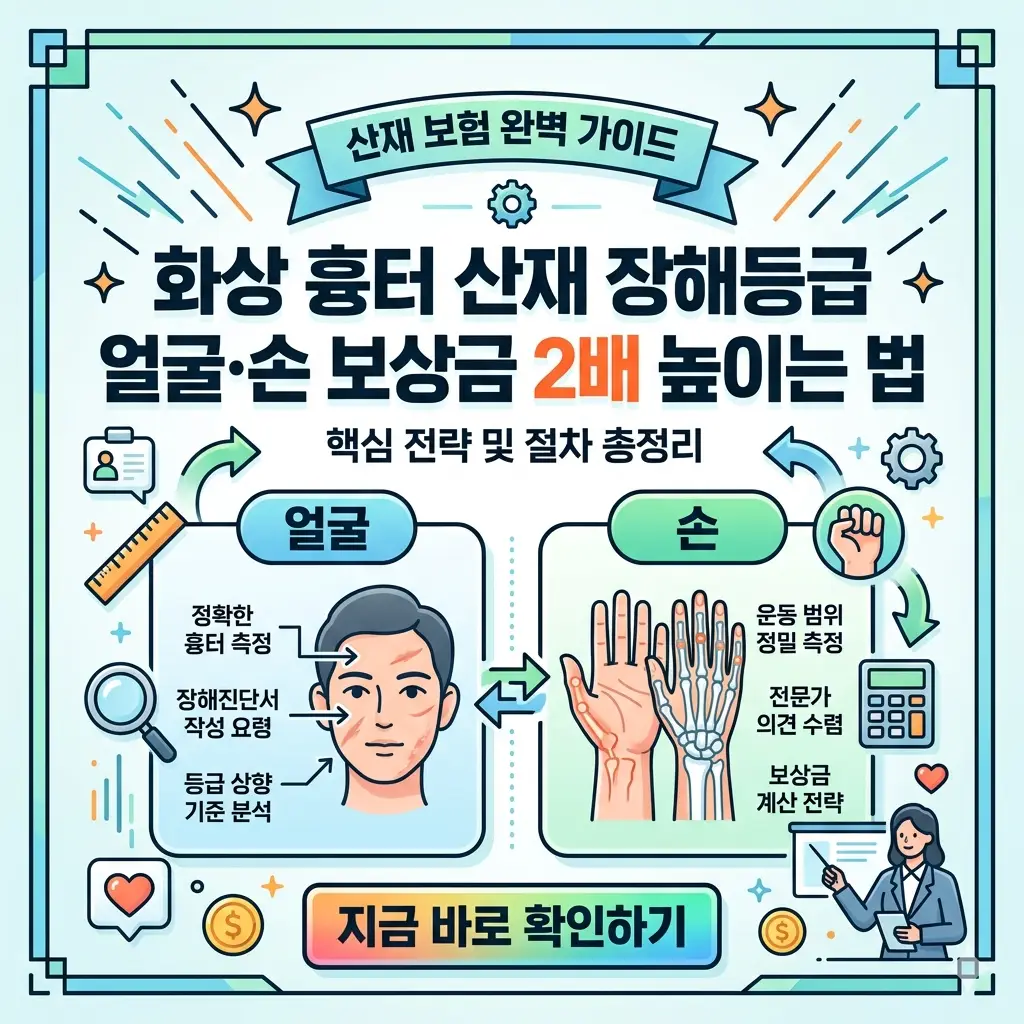 산업재해로 인한 화상 흉터 발생 시 얼굴과 손 부위의 장해등급 판정 기준을 분석하고 보상금을 높일 수 있는 전략을 제시하는 정보성 썸네일입니다.