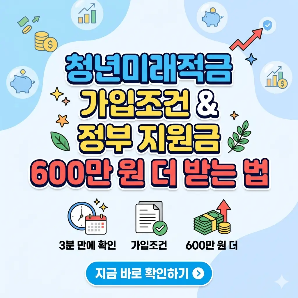 청년미래적금 가입조건과 600만 원 지원금 혜택을 강조한 1:1 비율의 정보성 썸네일 이미지.