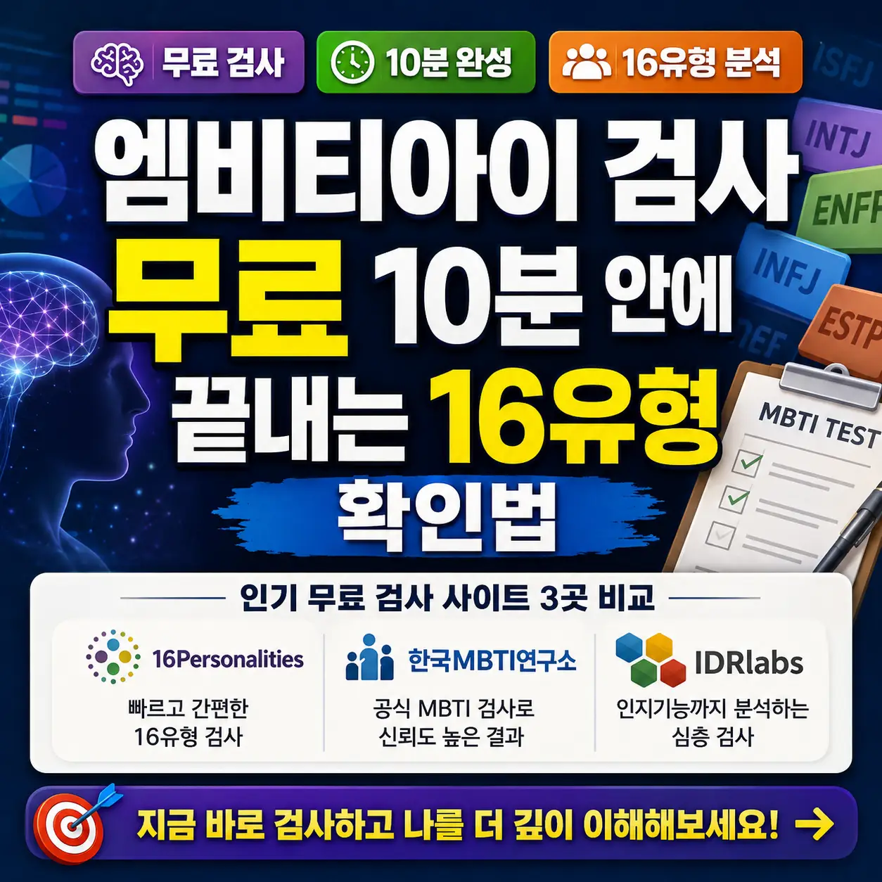 무료 엠비티아이 검사로 10분 안에 16유형을 확인하는 방법을 보여주는 썸네일.