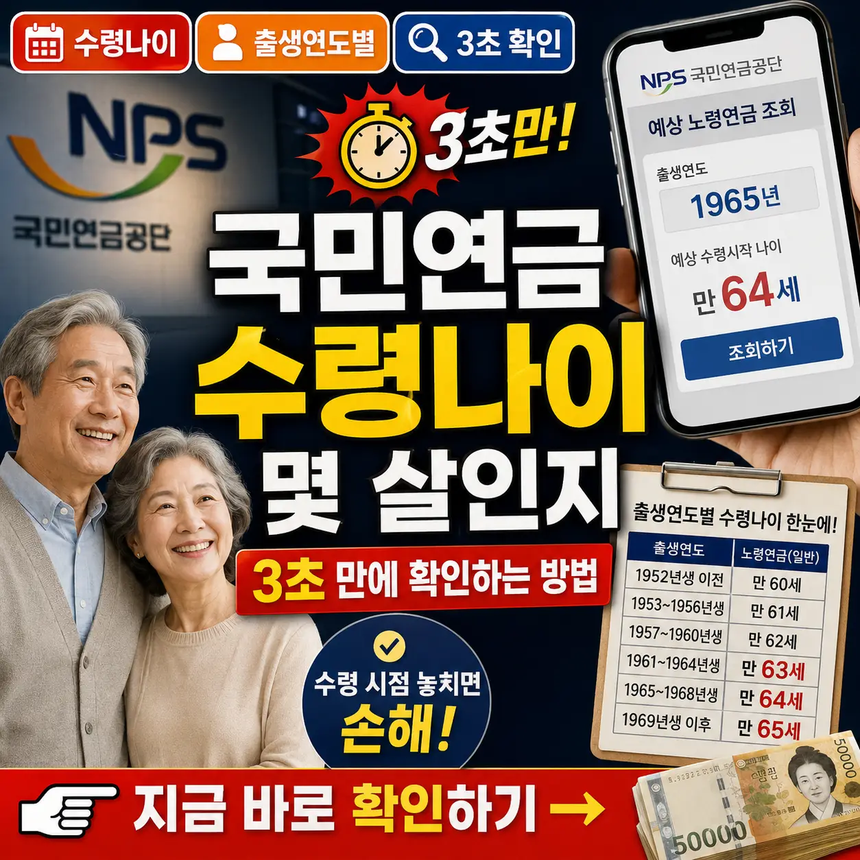 국민연금 수령나이를 출생연도별로 빠르게 확인하는 방법을 강조한 썸네일 이미지.