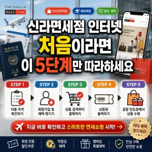 신라면세점 인터넷 첫 이용자가 항공권부터 공항 수령까지 5단계를 따라가는 썸네일.