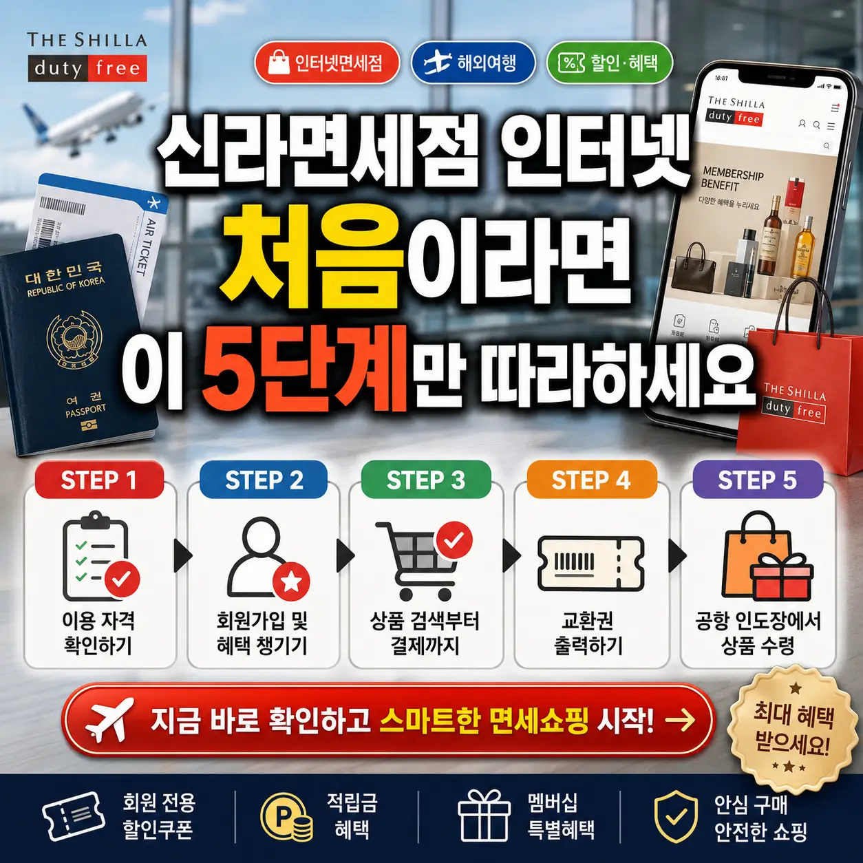 신라면세점 인터넷 첫 이용자가 항공권부터 공항 수령까지 5단계를 따라가는 썸네일.