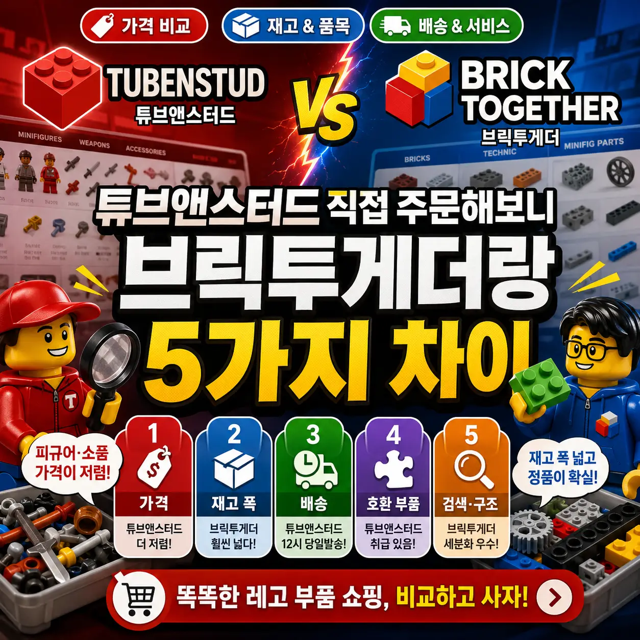 레고 부품을 배경으로 튜브앤스터드와 브릭투게더의 5가지 차이를 비교한 썸네일.