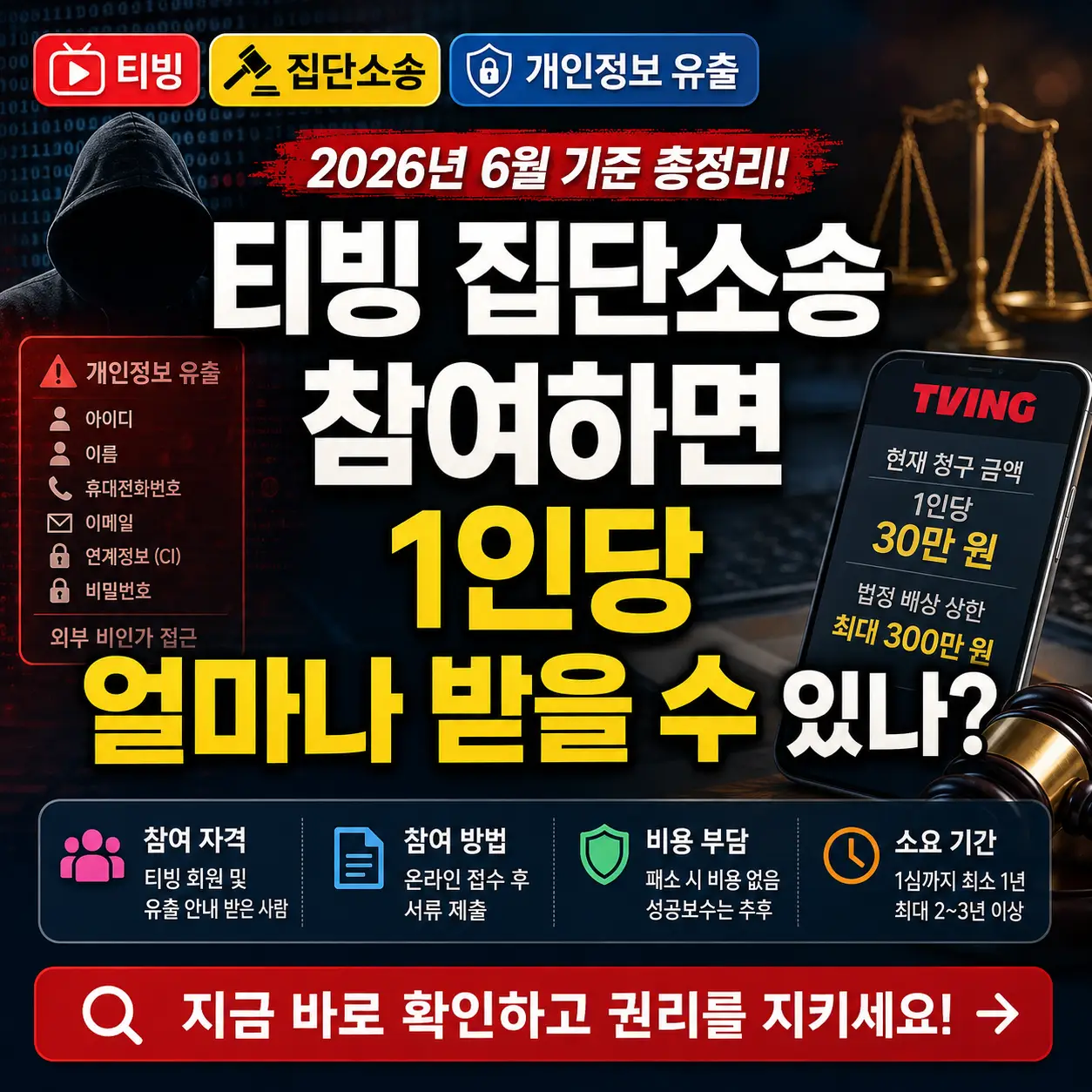 개인정보 유출과 티빙 집단소송 배상금을 강조한 보안 경고형 썸네일 이미지.