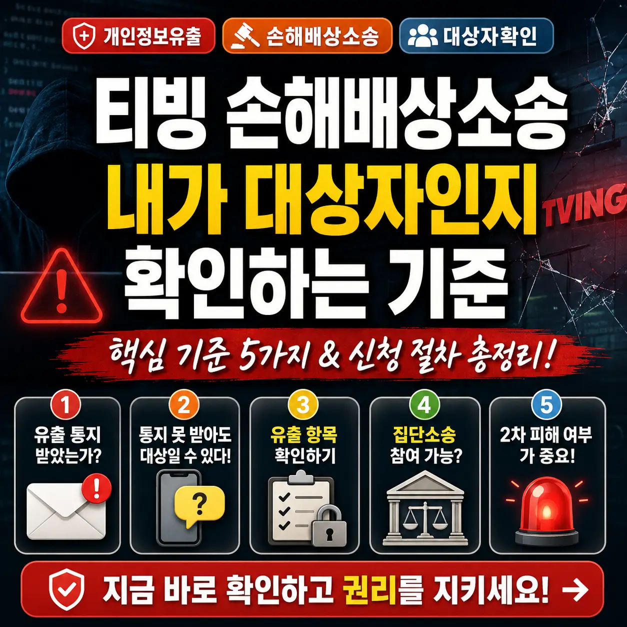 티빙 개인정보 유출 손해배상소송 대상자 확인 기준을 안내하는 썸네일 이미지.
