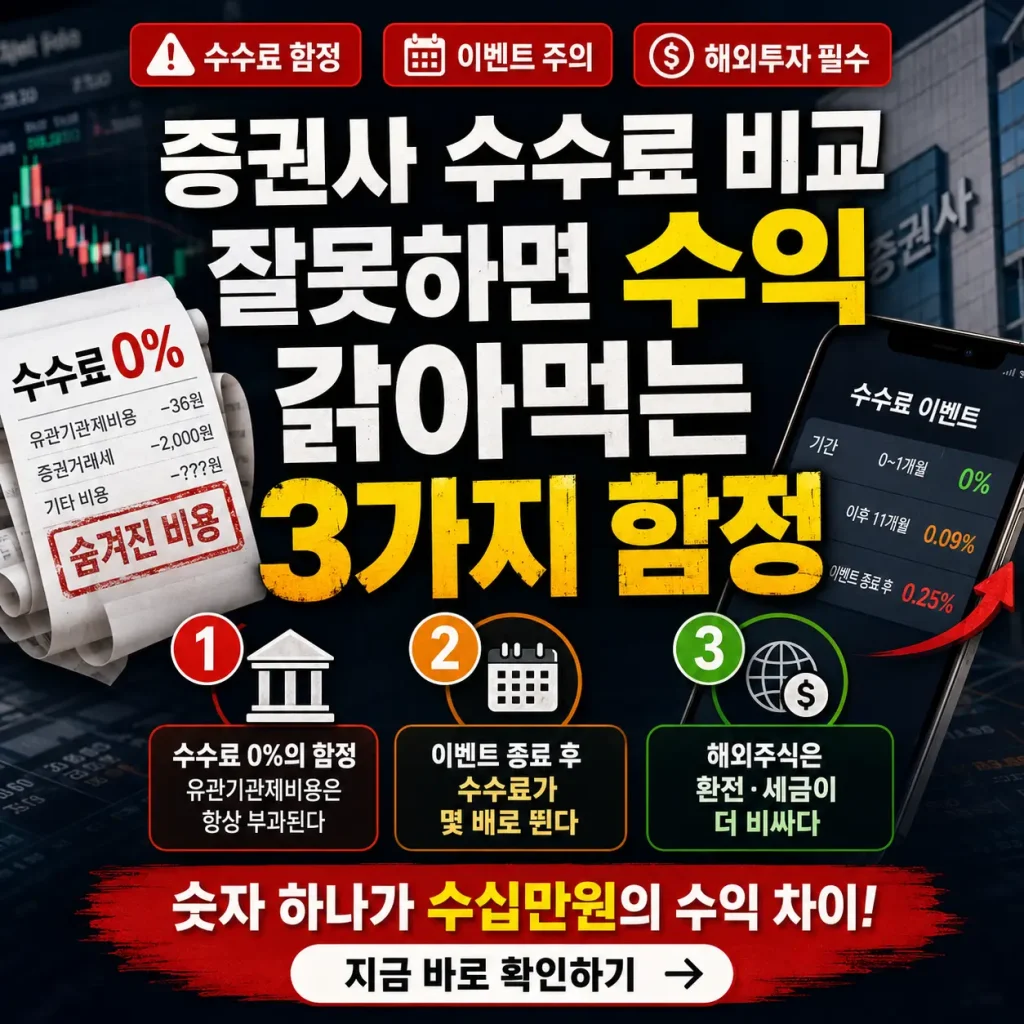 주가 차트와 경고 아이콘 위에 증권사 수수료 비교의 3가지 함정을 강조한 금융 썸네일