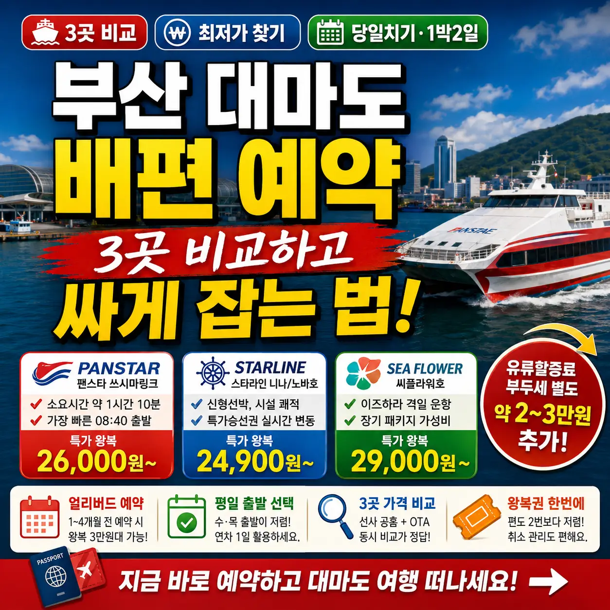 부산에서 대마도까지 가는 배편 3곳을 비교해 저렴하게 예약하는 여행 썸네일.