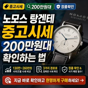어두운 시계 배경 위에 노모스 탕겐테 중고시세 200만원대 확인법을 강조한 썸네일.